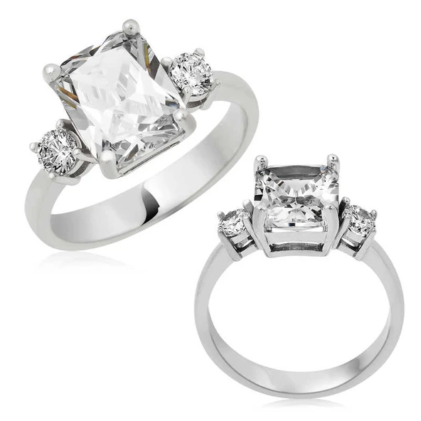 Gümüş Kare Montür Üç Taş Bayan Yüzük SL3068 - Resim 2