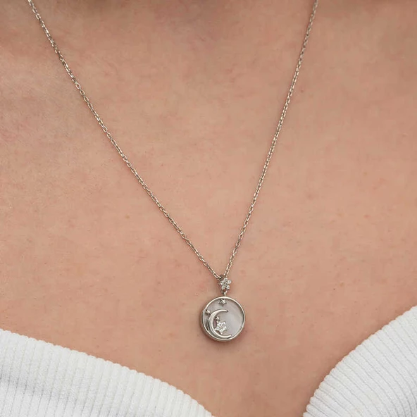 Gümüş Sedef Taşlı Ay Yıldız Hilal Kadın Kolye SL9075 - Resim 4