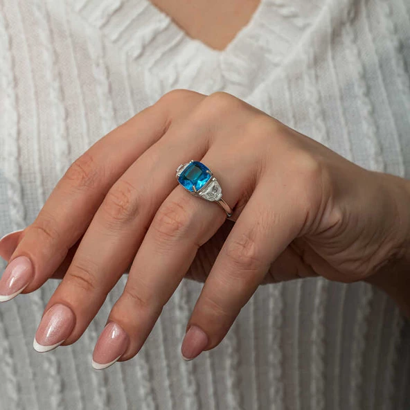 Gümüş Mavi Zirkon Taşlı Kadın Yüzük T8913 SL8253 - Resim 4