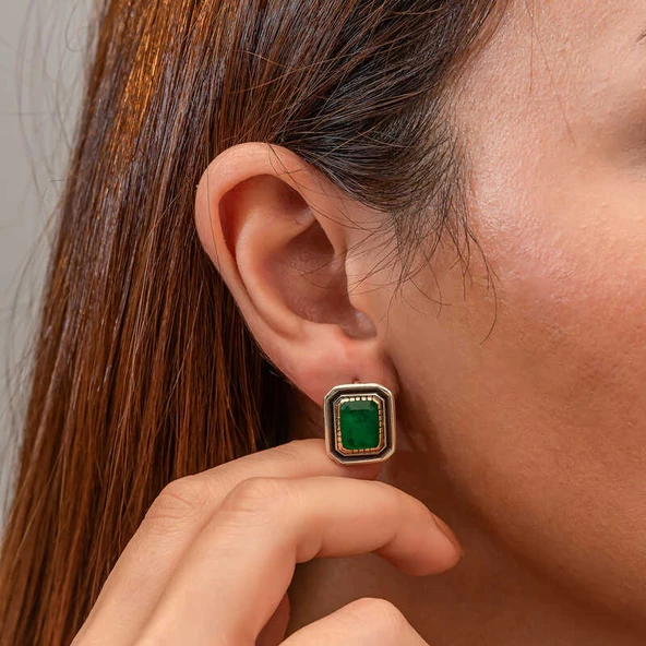 Gümüş Yeşil Taşlı Otantik Kadın Küpe SL9638 - Resim 4