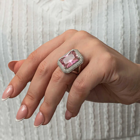 Gümüş Pembe Zirkon Taşlı Kadın Yüzük SL8250 - Resim 8