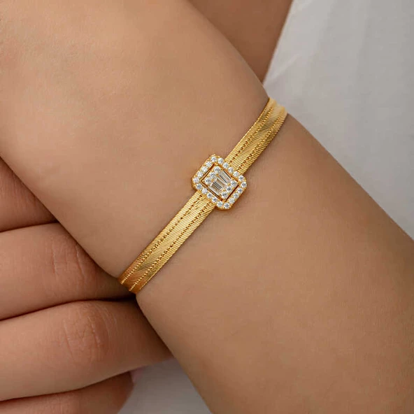 Gümüş Gold Baget Taşlı Trabzon Hasır Kadın Bileklik - Resim 12