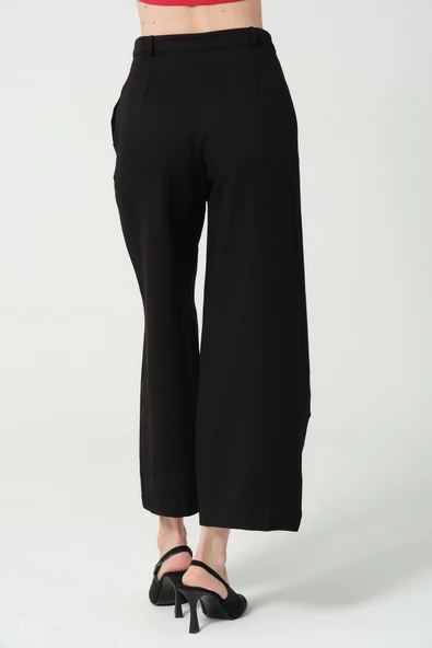 Asimetrik Kesim Bol Paça Pantolon Siyah - 7