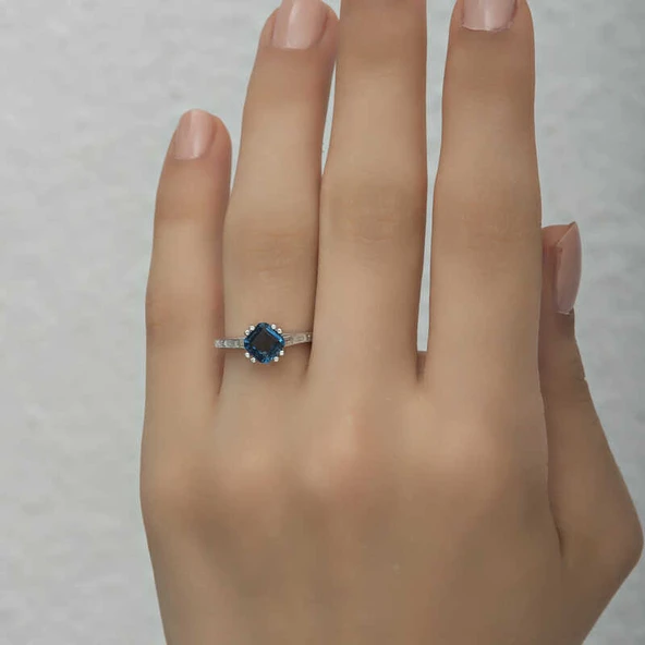 Gümüş Mavi Baget Tek Taş Kadın Yüzük SL4709 - Resim 12