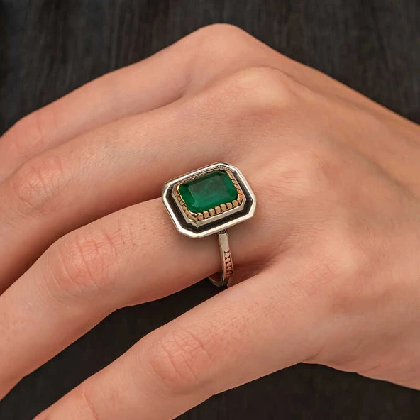 Gümüş Yeşil Taşlı Otantik Kadın Yüzük SL9639 - Resim 3