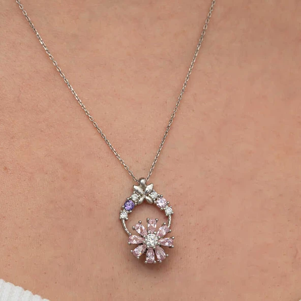 Gümüş Pembe Dönen Çiçek Kadın Kolye SL9239 - Resim 6