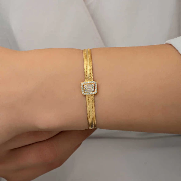 Gümüş Gold Baget Taşlı Trabzon Hasır Kadın Bileklik - Resim 10