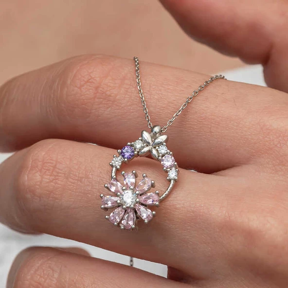 Gümüş Pembe Dönen Çiçek Kadın Kolye SL9239 - Resim 2