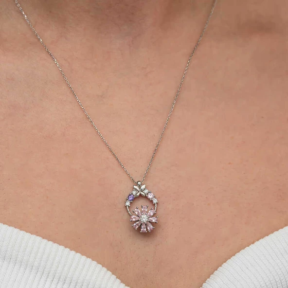 Gümüş Pembe Dönen Çiçek Kadın Kolye SL9239 - Resim 5