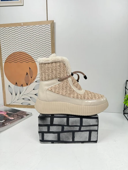 Günlük Kadın Kar Botu Kürklü Bağcıklı Fermuarlı Rugan Rahat Yüksek Kalın Tırtıklı Taban Bootie 77546 - 5