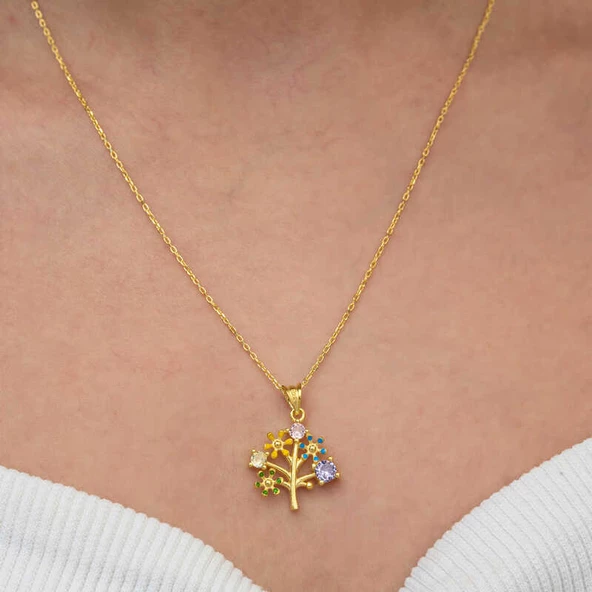 Gümüş Gold Renkli Hayat Ağacı Kadın Kolye SL9098 - Resim 2