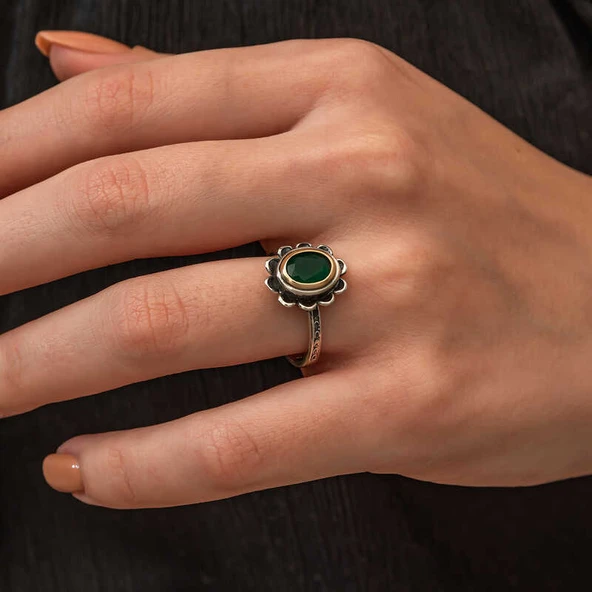 Gümüş Yeşil Çiçek Desenli Otantik Kadın Yüzük SL9797 - Resim 7