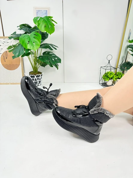 Günlük Kadın Kar Botu Kürklü Bağcıklı Fermuarlı Rugan Rahat Yüksek Kalın Tırtıklı Taban Bootie 77546 - 6