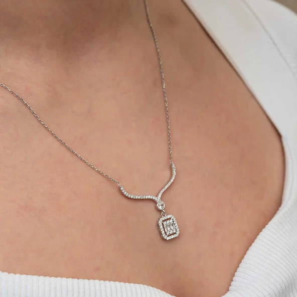 Gümüş Baget Taşlı Gerdanlık Model Kadın Kolye  SL9055 - Resim 6