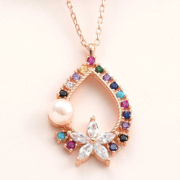Gümüş Rose Renkli Taşlı Çiçekli Kadın Kolye SL5986 ürün görseli