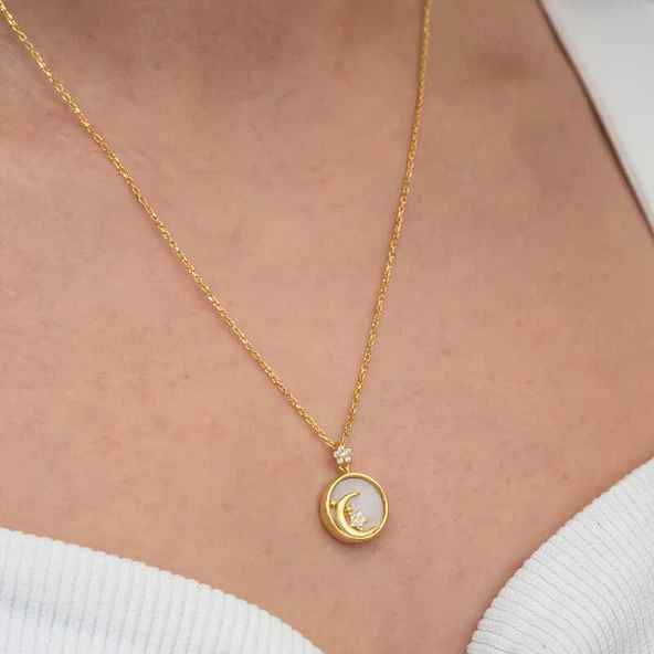 Gümüş Gold Sedef Taşlı Ay Yıldız Hilal Kadın Kolye SL9076 - Resim 4