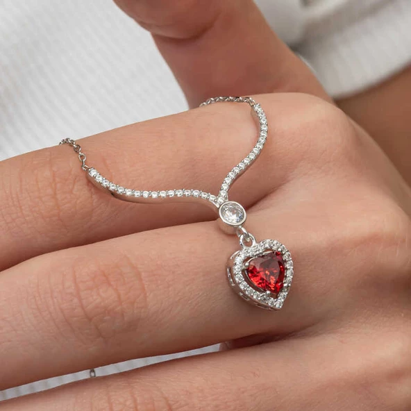 Gümüş Kırmızı Zirkon Taşlı Kalp Kadın Kolye SL9220 - Resim 5