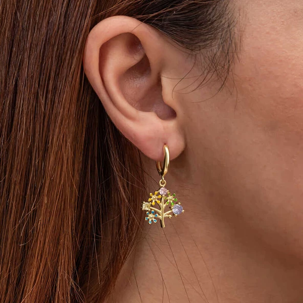 Gümüş Gold Renkli Taşlı Hayat Ağacı Kadın Küpe SL9020 - Resim 4