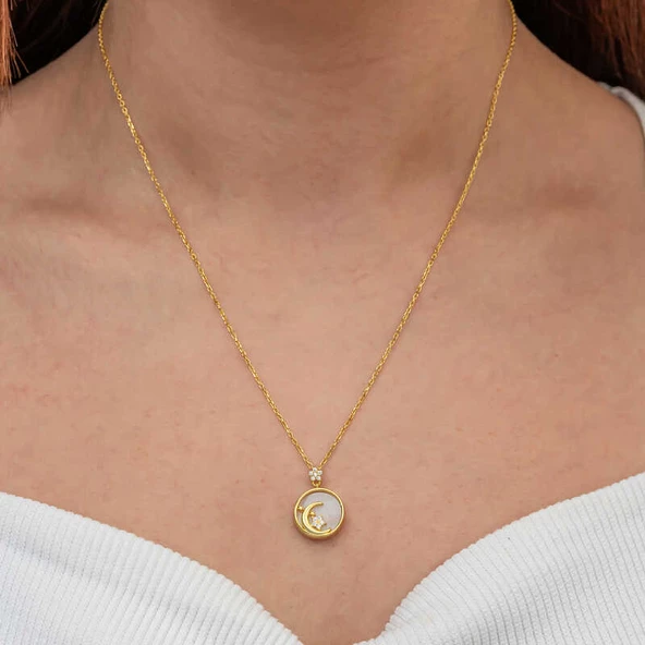 Gümüş Gold Sedef Taşlı Ay Yıldız Hilal Kadın Kolye SL9076 - Resim 2
