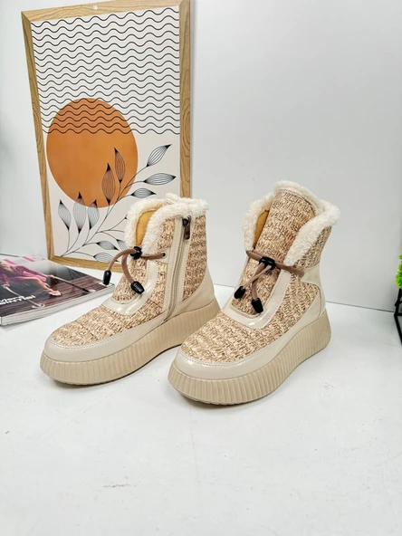 Günlük Kadın Kar Botu Kürklü Bağcıklı Fermuarlı Rugan Rahat Yüksek Kalın Tırtıklı Taban Bootie 77546 - 3