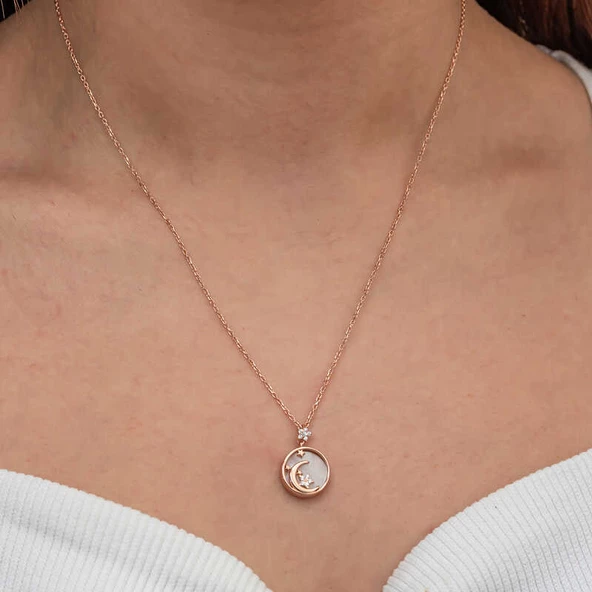 Gümüş Rose Sedef Taşlı Ay Yıldız Hilal Kadın Kolye SL9077 - Resim 2