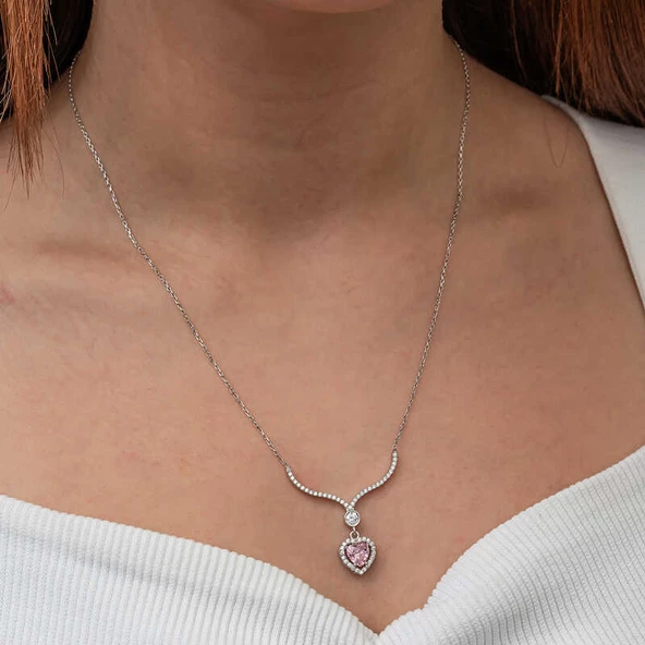 Gümüş Pembe Zirkon Taşlı Kalp Kadın Kolye SL9237 - Resim 6
