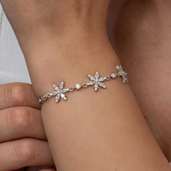 Gümüş Beyaz Lotus Çiçeği Kadın Bileklik SL8970 - Resim 5