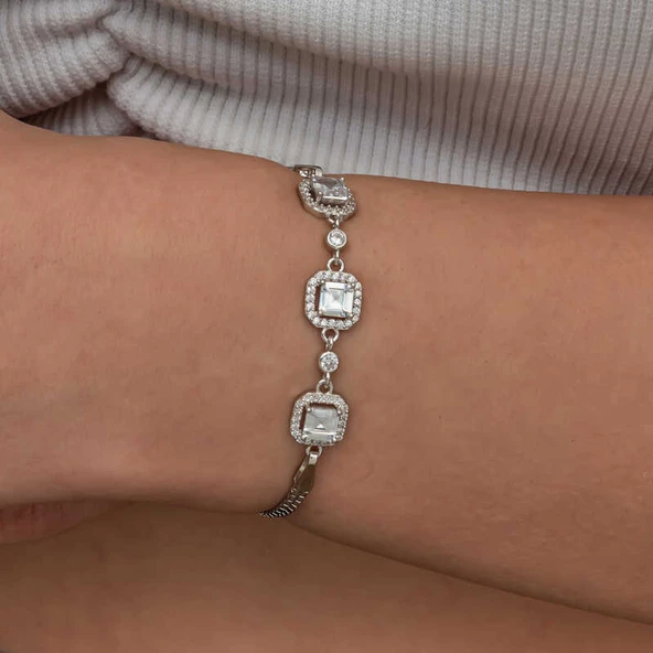 Gümüş Üçlü Kare Kadın Bileklik - Resim 4
