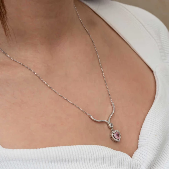 Gümüş Pembe Zirkon Taşlı Kalp Kadın Kolye SL9237 - Resim 7