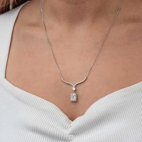 Gümüş Baget Taşlı Gerdanlık Model Kadın Kolye SL9053 - Resim 7