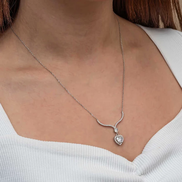 Gümüş Beyaz Zirkon Taşlı Kalp Kadın Kolye SL9219 - 8