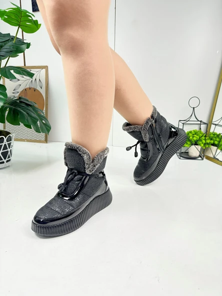 Günlük Kadın Kar Botu Kürklü Bağcıklı Fermuarlı Rugan Rahat Yüksek Kalın Tırtıklı Taban Bootie 77546 - 10