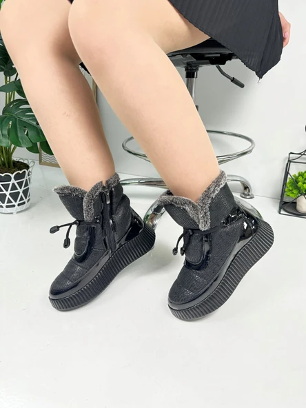 Günlük Kadın Kar Botu Kürklü Bağcıklı Fermuarlı Rugan Rahat Yüksek Kalın Tırtıklı Taban Bootie 77546 - 12