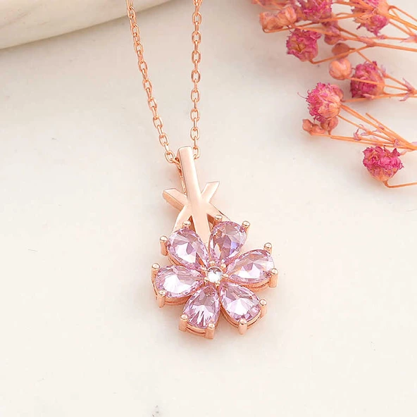 Gümüş Rose Pembe Sevgi Çiçeği Kadın Kolye SL6145 ürün görseli