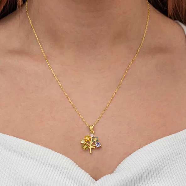 Gümüş Gold Renkli Hayat Ağacı Kadın Kolye SL9098 - Resim 3