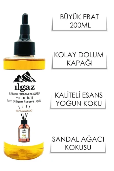 Sandal Ağacı Oda Kokusu Yedek Likit Şişe 200 Ml - Doğal Bambu Çubuklu Oda Kokusu