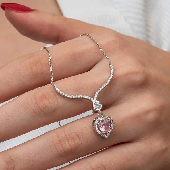Gümüş Pembe Zirkon Taşlı Kalp Kadın Kolye SL9237 - Resim 5