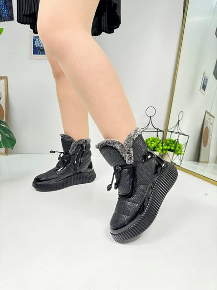 Günlük Kadın Kar Botu Kürklü Bağcıklı Fermuarlı Rugan Rahat Yüksek Kalın Tırtıklı Taban Bootie 77546 - 8