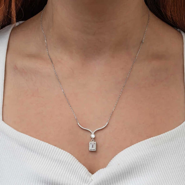 Gümüş Baget Taşlı Gerdanlık Model Kadın Kolye SL9053 - Resim 6