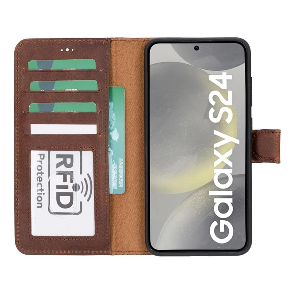 Samsung Galaxy S24 Uyumlu, Deri Cüzdanlı Kılıf, Antik Kahve - 5