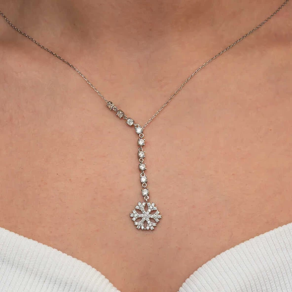 Gümüş Sıralı Zirkon Taşlı Kar Tanesi Kadın Kolye SL9138 - Resim 6