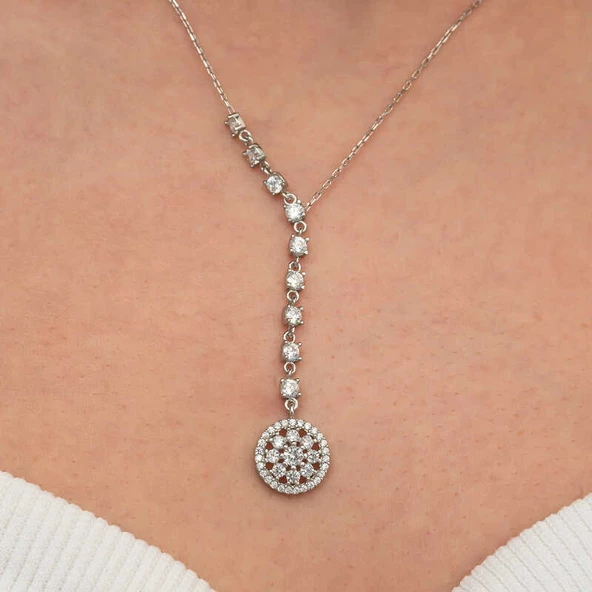 Gümüş Sıralı Zirkon Taşlı Çiçek Kadın Kolye SL9217 - Resim 3