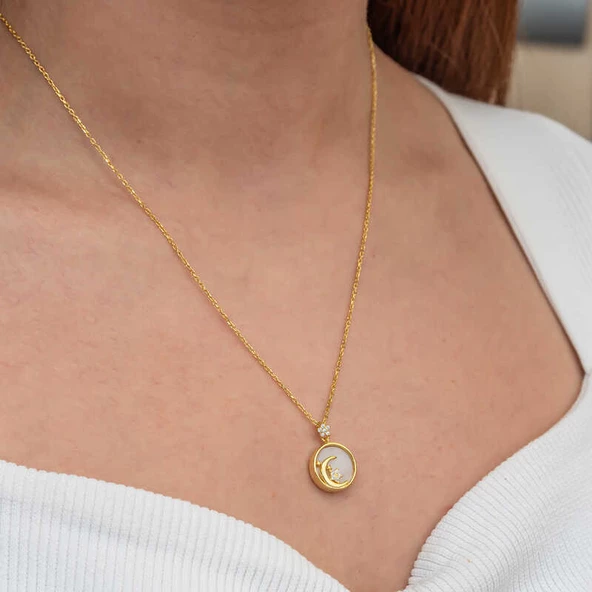 Gümüş Gold Sedef Taşlı Ay Yıldız Hilal Kadın Kolye SL9076 - Resim 6