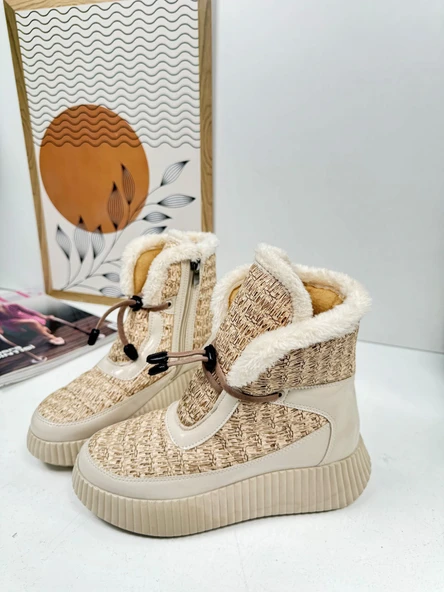 Günlük Kadın Kar Botu Kürklü Bağcıklı Fermuarlı Rugan Rahat Yüksek Kalın Tırtıklı Taban Bootie 77546 - 4