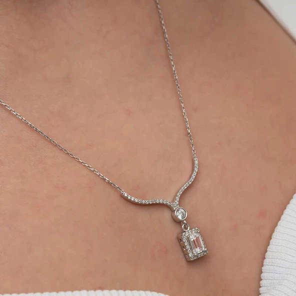 Gümüş Baget Taşlı Gerdanlık Model Kadın Kolye SL9053 - Resim 8