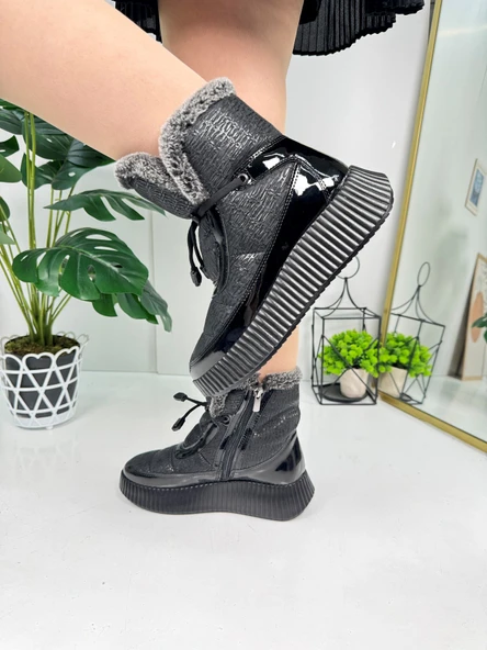 Günlük Kadın Kar Botu Kürklü Bağcıklı Fermuarlı Rugan Rahat Yüksek Kalın Tırtıklı Taban Bootie 77546 - 7