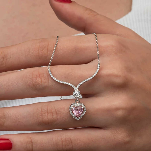 Gümüş Pembe Zirkon Taşlı Kalp Kadın Kolye SL9237 ürün görseli