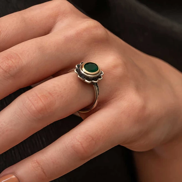 Gümüş Yeşil Çiçek Desenli Otantik Kadın Yüzük SL9797 - Resim 5