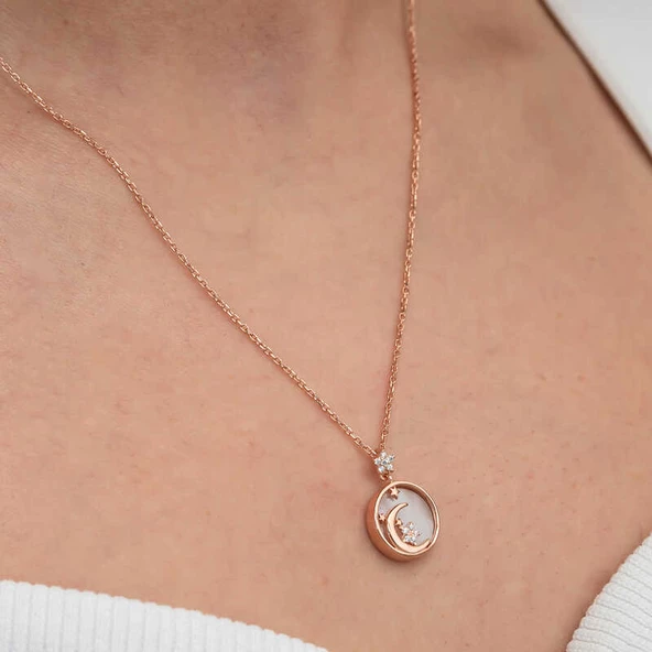 Gümüş Rose Sedef Taşlı Ay Yıldız Hilal Kadın Kolye SL9077 - Resim 6
