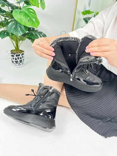 Günlük Kadın Kar Botu Kürklü Bağcıklı Fermuarlı Rugan Rahat Yüksek Kalın Tırtıklı Taban Bootie 77546 - 2